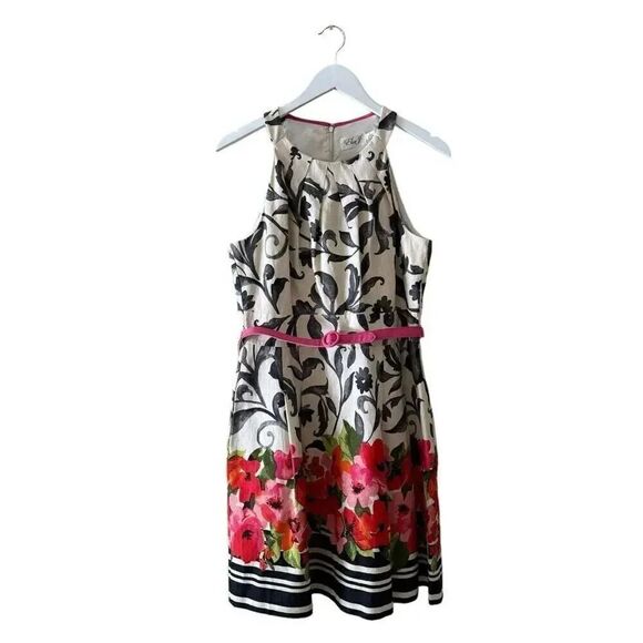 Eliza J. Multi Floral Print Fit Flare Sleeveless Belted Dress Sz 10 #2167 - Picture 1 of 14